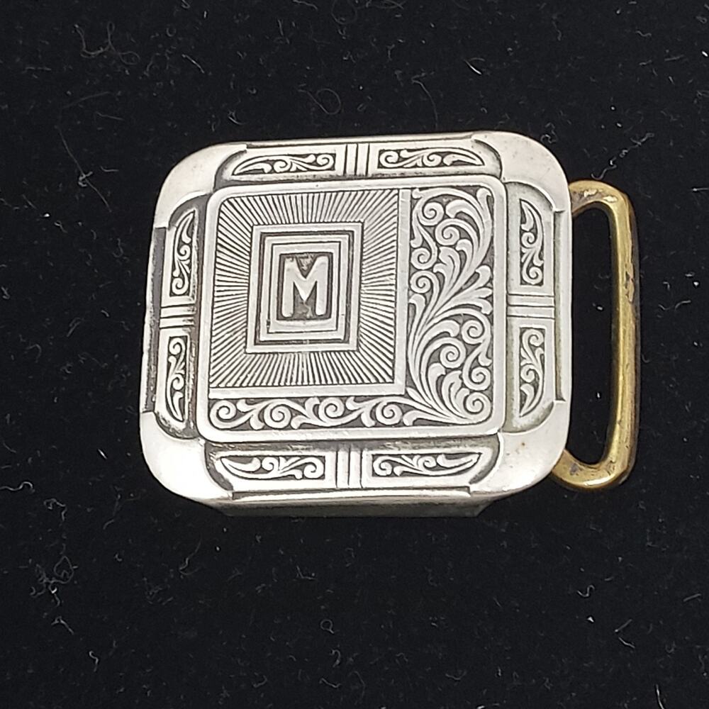 Vintage Silverplate Belt Buckle 1920s Art Deco Etched Filigree Monogram "M"